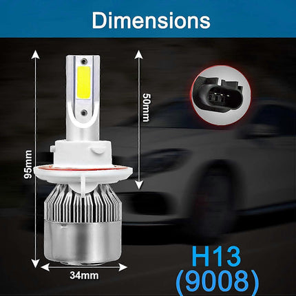 (2-pack) H13/9008 LED Headlight (Low Beam and High Beam) C6 Conversion Kit, 72W 8500LM 6500K Cool White Light.