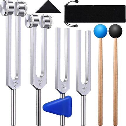 Tuning Forks Set 4 Pack 128Hz 256Hz 512Hz 528Hz with Hammer for Sound Healing Vibration Therapy.