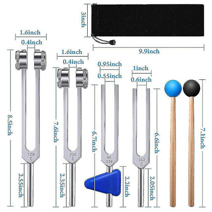 Tuning Forks Set 4 Pack 128Hz 256Hz 512Hz 528Hz with Hammer for Sound Healing Vibration Therapy.