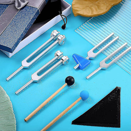 Tuning Forks Set 4 Pack 128Hz 256Hz 512Hz 528Hz with Hammer for Sound Healing Vibration Therapy.