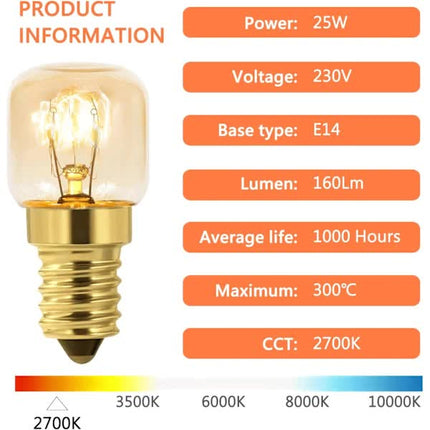 Dimmable E14 Oven Light Bulb Edison E14 T22 2700K Warm White 10-Pack for 220V Ovens 300°C Resistant 160LM.