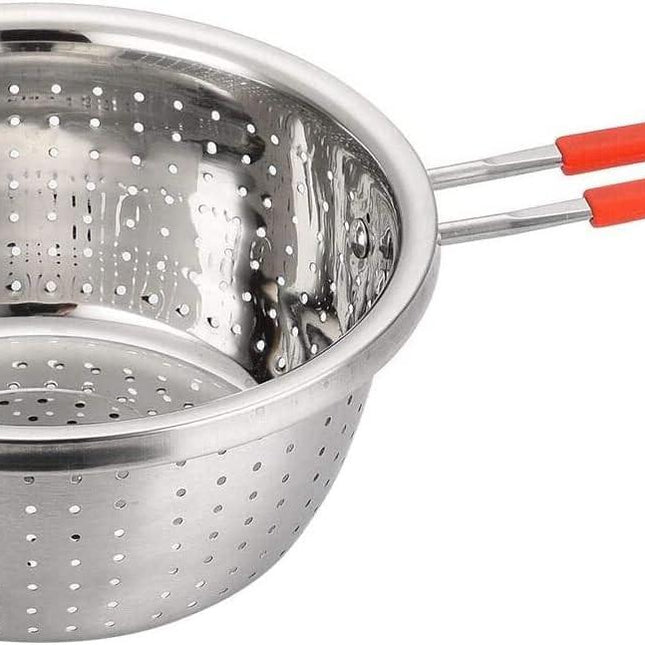 Stainless Steel Perforated Metal Colander Strainer with Long Red Handle Sieve Sifters Use for Kitchen Food Pasta Noodles Spaghetti Vegetables Silver - 7.9inch.