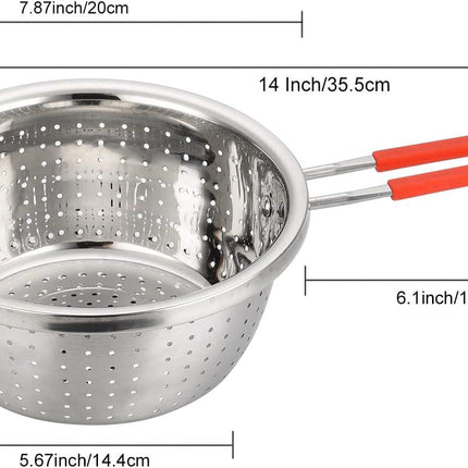 Stainless Steel Perforated Metal Colander Strainer with Long Red Handle Sieve Sifters Use for Kitchen Food Pasta Noodles Spaghetti Vegetables Silver - 7.9inch.