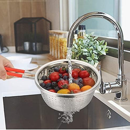 Stainless Steel Perforated Metal Colander Strainer with Long Red Handle Sieve Sifters Use for Kitchen Food Pasta Noodles Spaghetti Vegetables Silver - 7.9inch.