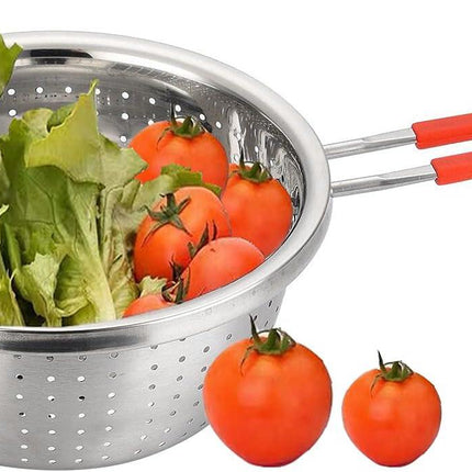 Stainless Steel Perforated Metal Colander Strainer with Long Red Handle Sieve Sifters Use for Kitchen Food Pasta Noodles Spaghetti Vegetables Silver - 7.9inch.