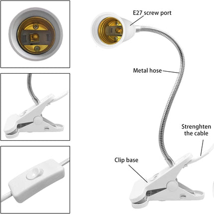 Bahong Clip Desk Lamp Socket,Desk Light Adapter,Clip Light Bulb Holder,E26/E27 Flexible Light Socket,86.6in Table Reading Light,Night Light with Cord,Clamp Light Bulb Stand with On/Off Switch (1PC).