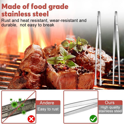 Kitchen Tongs, 2 Pieces BBQ Tongs with Serrated Tips, Kitchen Tongs, Stainless Steel, Long Tong, Professional Multi-Function, Straight Precision Tongs for Meats, Pasta Lining.