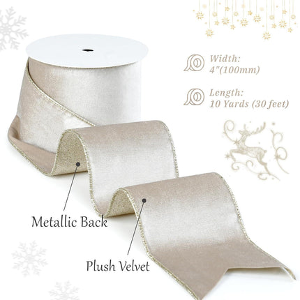 Champagne Velvet Wired Ribbon with Glitter Back 4 Inch Ivory and Gold Christmas Wired Ribbon for Christmas Tree Decorations, Gift Wrapping, Mantel, Wreaths Supplies, Topper Bows (10 Yards).