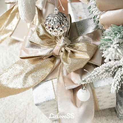 Champagne Velvet Wired Ribbon with Glitter Back 4 Inch Ivory and Gold Christmas Wired Ribbon for Christmas Tree Decorations, Gift Wrapping, Mantel, Wreaths Supplies, Topper Bows (10 Yards).