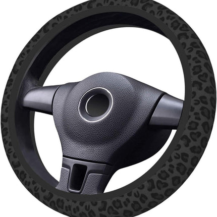Black Leopard Print Cheetah Elastic Steering Wheel Cover, Non-Slip Breathable Neoprene Steering Wheel Covers, Women Leopard Car Accessories, Universal 15 Inch Fit Auto, Suvs, Truck.