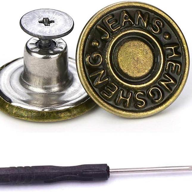 15 Sets Replacement Jeans Buttons, 17mm No-Sew Nailess Removable Metal Jeans Button Replacement Repair Combo Thread Rivets and Screwdrivers.