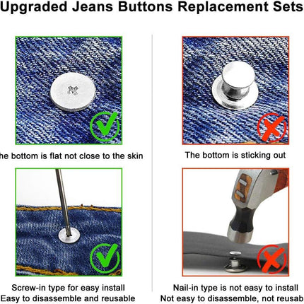 15 Sets Replacement Jeans Buttons, 17mm No-Sew Nailess Removable Metal Jeans Button Replacement Repair Combo Thread Rivets and Screwdrivers.