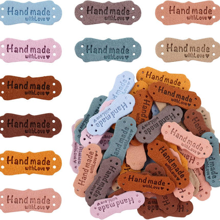 SAVITA 50 x Handmade Leather Labels with Microfibre Woven Leather Labels with Love Hearts for Crafts, Knitting, Handbags, Clothes (10 Colours).
