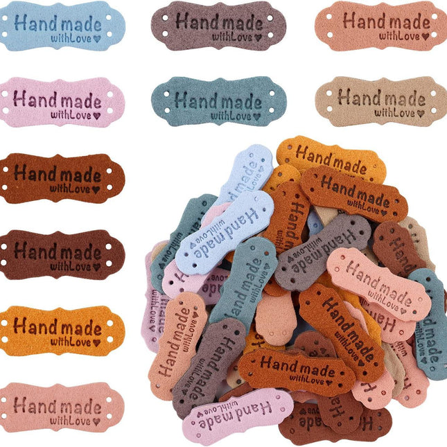 SAVITA 50 x Handmade Leather Labels with Microfibre Woven Leather Labels with Love Hearts for Crafts, Knitting, Handbags, Clothes (10 Colours).