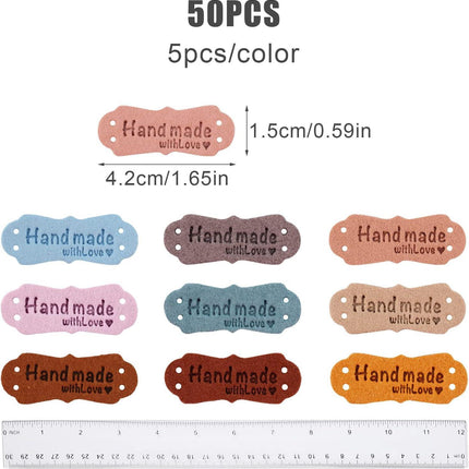 SAVITA 50 x Handmade Leather Labels with Microfibre Woven Leather Labels with Love Hearts for Crafts, Knitting, Handbags, Clothes (10 Colours).