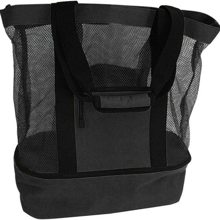 Mesh Beach Tote Bag with Detachable Insulated Beach Cooler Compartment Waterproof Sandproof Picnic Pool Bag, Black, Large.