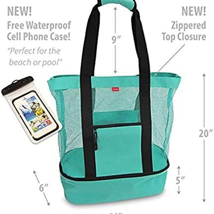 Mesh Beach Tote Bag with Detachable Insulated Beach Cooler Compartment Waterproof Sandproof Picnic Pool Bag, Black, Large.