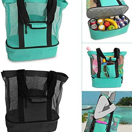 Mesh Beach Tote Bag with Detachable Insulated Beach Cooler Compartment Waterproof Sandproof Picnic Pool Bag, Black, Large.