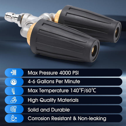 Dual Turbo Nozzle Pressure Washer, 360° Rotating Turbo Nozzle For Power Washer with 1/4"" Quick Connector, 2.5 Orifice Twin Turbo Nozzle, 4-6 GPM, 4000 PSI Max(Black), SP02-N02Black.