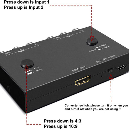 2Port AV to HDMI Converter, Will Convert Input Analog Aignals to a Digital Output Signal, Built-in 16:9/4:3 Adjustment, Perfect for Old Video Game Systems,PS,WII,Xbox,DVD,VHS.