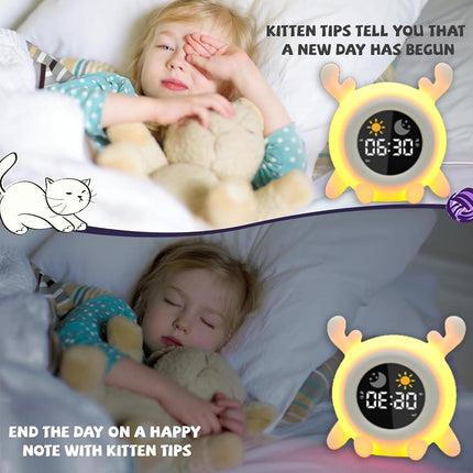 Alarm Clock, 8 Colors Adjustable Alarm Clock for Bedroom with 6 White Noises and 6 Ringtones, Cute Rechargeable Cartoon Sunrise Alarm Clock with LED Display for All Ages (A).