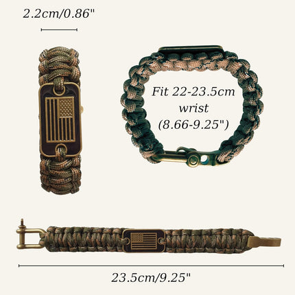 Paracord Bracelet - Tactical Survival Bracelet for Men with Bronze USA Flag - 3 Adjustable Sizes - Green Camo, L.