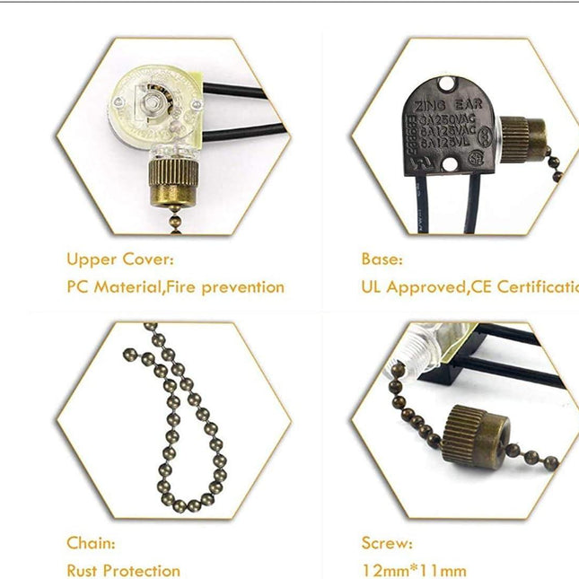 Ceiling Fan Light Switch Zing Ear Pull Chain Switch ZE-109 Fan Light Switch, On-Off Speed with Pull Chain Compatible with Ceiling Light Fans, Lamps and Wall Lights.(Bronze).