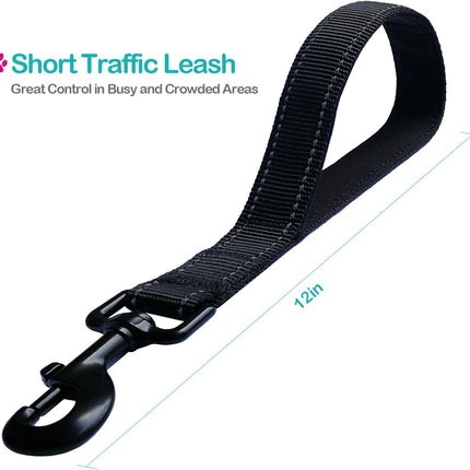 Short Dog Leash - Traffic Padded Handle - Heavy Duty - Short Nylon Dog Lead for Training Control - Reflective Threads Pet Leashes for Large Dogs and Medium Dogs (12 Inch, Reflective Black).