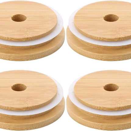 4 Pack 86mm Wide Mouth Bamboo Mason Jar Lids with Straw Hole Reusable Bamboo Caps Leak-Proof Glass Canning Drinking Storage Jars Lid.