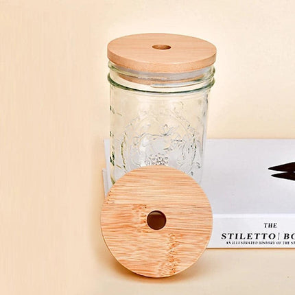 4 Pack 86mm Wide Mouth Bamboo Mason Jar Lids with Straw Hole Reusable Bamboo Caps Leak-Proof Glass Canning Drinking Storage Jars Lid.