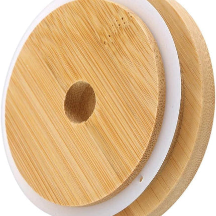 4 Pack 86mm Wide Mouth Bamboo Mason Jar Lids with Straw Hole Reusable Bamboo Caps Leak-Proof Glass Canning Drinking Storage Jars Lid.