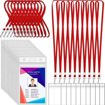 100 Pack Badge Lanyards with ID Card Holders Red Lanyards with Vertical Waterproof ID Badge Holder for Office, School, Travel (Red).