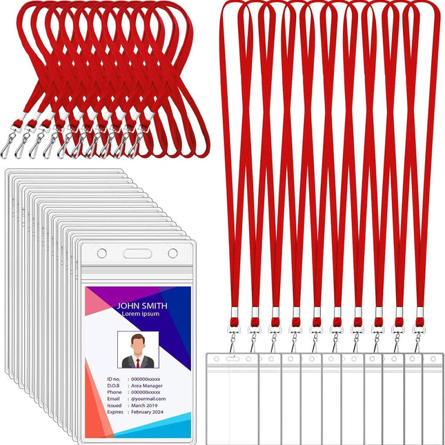 100 Pack Badge Lanyards with ID Card Holders Red Lanyards with Vertical Waterproof ID Badge Holder for Office, School, Travel (Red).