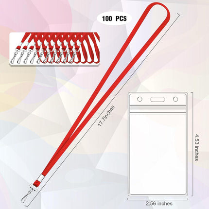 100 Pack Badge Lanyards with ID Card Holders Red Lanyards with Vertical Waterproof ID Badge Holder for Office, School, Travel (Red).