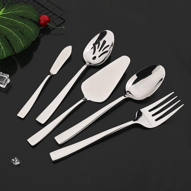 5-Piece Glossy Handle Silverware Hostess Set Stainless Steel Flatware Serving Set for Buffet Party Home Restaurant Mirror Polished Dishwasher Safe.