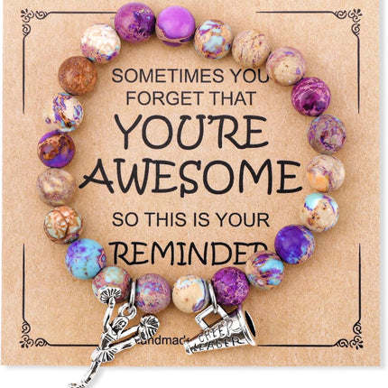 Cheer Bracelet, Imperial Stone Cheerleading Bracelet with Encouragement Card Charming Cheerleader Gifts Elegant Smooth Cheer Stuff with Cheerleader Jewelry Pendant.