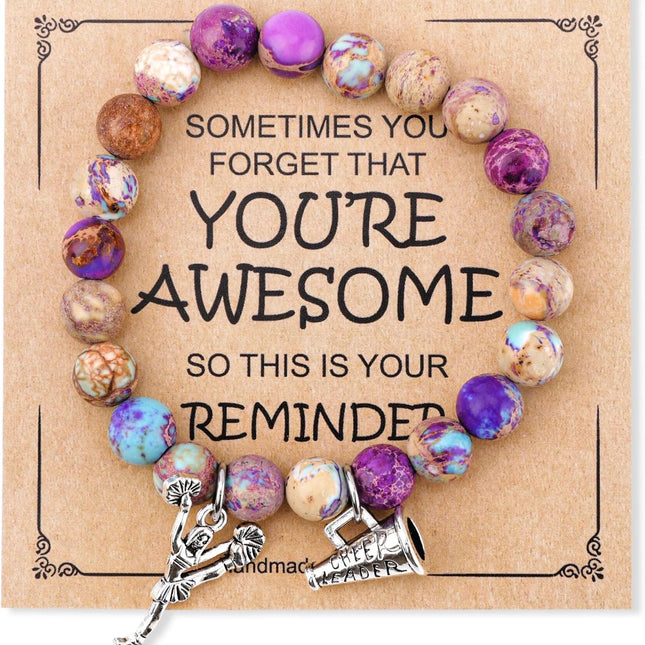 Cheer Bracelet, Imperial Stone Cheerleading Bracelet with Encouragement Card Charming Cheerleader Gifts Elegant Smooth Cheer Stuff with Cheerleader Jewelry Pendant.