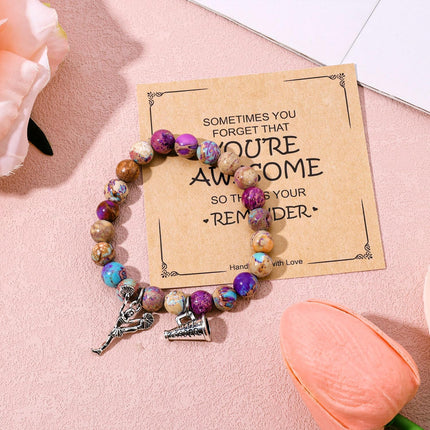 Cheer Bracelet, Imperial Stone Cheerleading Bracelet with Encouragement Card Charming Cheerleader Gifts Elegant Smooth Cheer Stuff with Cheerleader Jewelry Pendant.