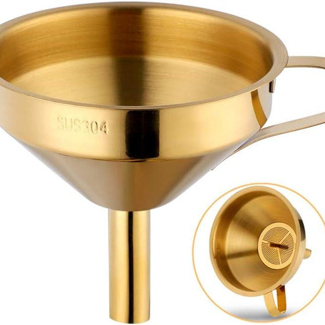 Stainless Steel Wide Mouth Funnels with Detachable Strainer, 5-inch Funnel for Filling Small Bottles and Jars, Cooking Oil and Transmission Liquid and Powder, Food Grade Metal Kitchen Funnels Gold.