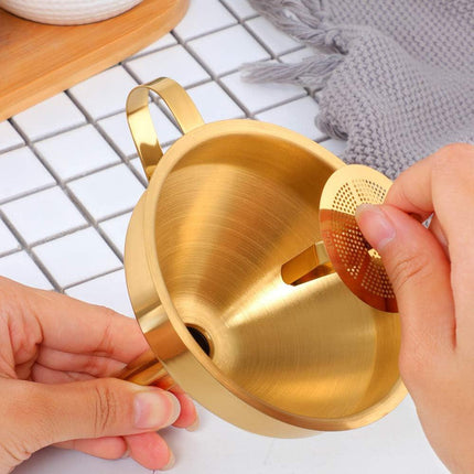 Stainless Steel Wide Mouth Funnels with Detachable Strainer, 5-inch Funnel for Filling Small Bottles and Jars, Cooking Oil and Transmission Liquid and Powder, Food Grade Metal Kitchen Funnels Gold.