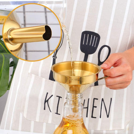 Stainless Steel Wide Mouth Funnels with Detachable Strainer, 5-inch Funnel for Filling Small Bottles and Jars, Cooking Oil and Transmission Liquid and Powder, Food Grade Metal Kitchen Funnels Gold.