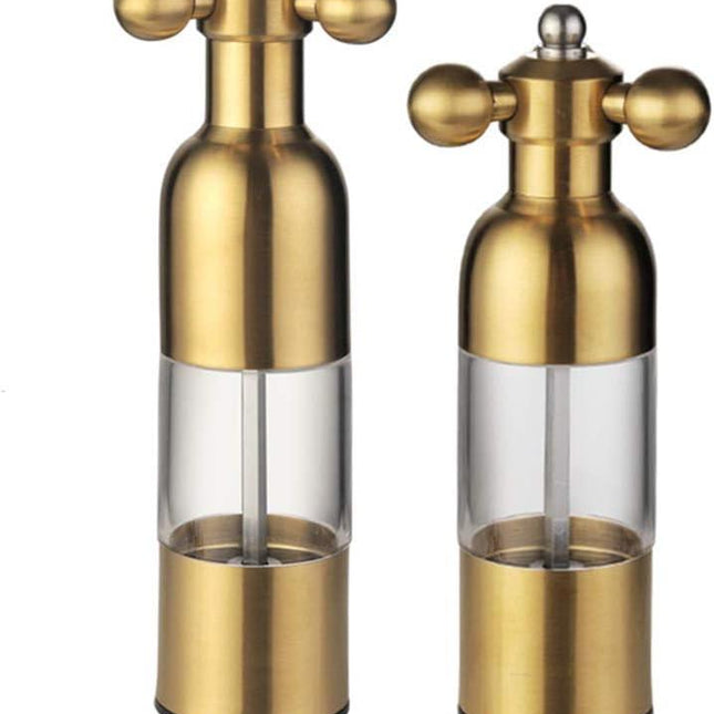 Salt and Pepper Grinder, Manual Stainless Steel Faucet Salt Shakers Mill with Handle, Refillable Adjustable Coarseness, for Home, Restaurant, BBQ,Gold,2PC.