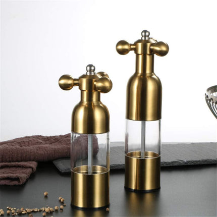 Salt and Pepper Grinder, Manual Stainless Steel Faucet Salt Shakers Mill with Handle, Refillable Adjustable Coarseness, for Home, Restaurant, BBQ,Gold,2PC.