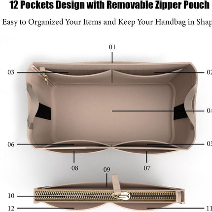 Purse Organizer Insert Handbag Tote Felt Organizer Bag in Bag Shaper Fit Neverfull Speedy Graceful MM GM Medium, BROWN.