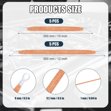 10pcs Universal Automotive Ground Straps, 10/12 inch Engine Ground Strap Kit Braided Copper Ground Straps Automotive Ground Strap Wire Ground Strap Connectors for Most Cars (Copper).