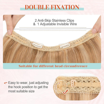 Halo Hair Extensions Real Human Hair 16 Inch Halo Extensions for Women 100% Human Hair Invisible Wire Hair Extensions Golden Brown Hightlights Bleach Blonde #12P613.