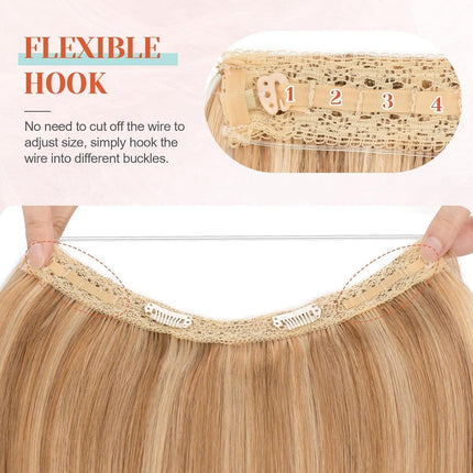 Halo Hair Extensions Real Human Hair 16 Inch Halo Extensions for Women 100% Human Hair Invisible Wire Hair Extensions Golden Brown Hightlights Bleach Blonde #12P613.