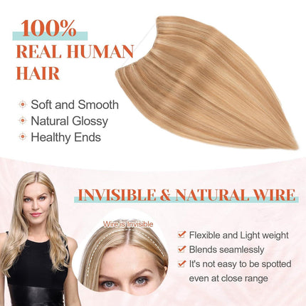 Halo Hair Extensions Real Human Hair 16 Inch Halo Extensions for Women 100% Human Hair Invisible Wire Hair Extensions Golden Brown Hightlights Bleach Blonde #12P613.
