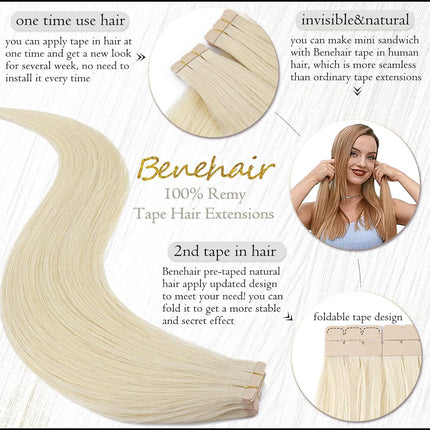 Tape in Hair Extensions Human Hair Platinum Blonde 18 Inch 20pcs 50g/pack Straight Hair Extensions Tape in Seamless Skin Weft Tape in Natural Hair for Women(#60 Platinum Blonde, 18").