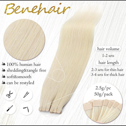 Tape in Hair Extensions Human Hair Platinum Blonde 18 Inch 20pcs 50g/pack Straight Hair Extensions Tape in Seamless Skin Weft Tape in Natural Hair for Women(#60 Platinum Blonde, 18").